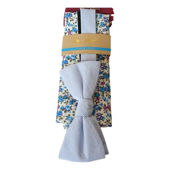ORIGINAL PENGUIN Blue Pinstripe Pre-Tied Bow Tie Floral Cotton Pocket Square Set - Picture 1 of 3